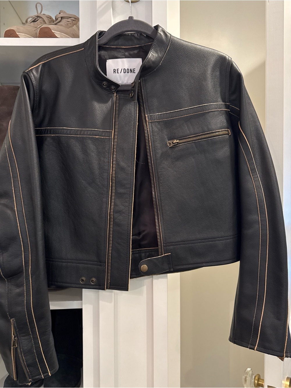 Re/Done Black Leather Jacket with Tan Contrast Stitching